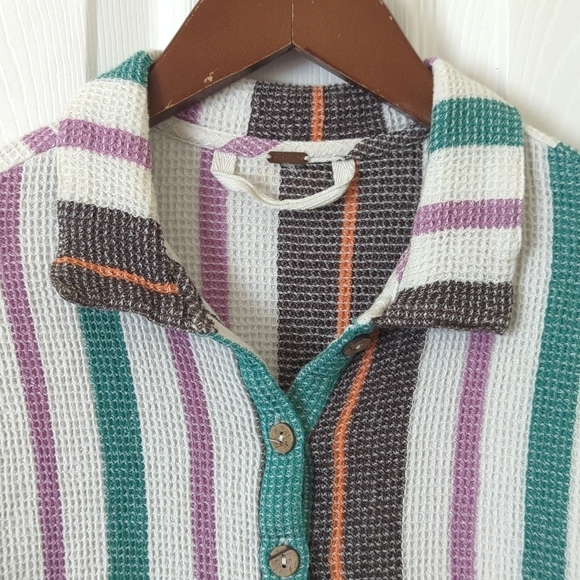 Free People Endless Summer Soleil Time Striped Waffle Knit Boxy Henley Polo XS - Picture 2 of 11